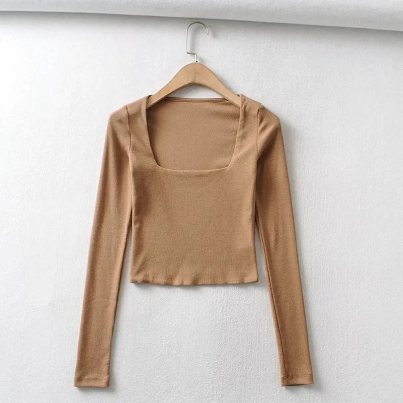 Blusa cropped de decote quadrado com mangas longas e textura canelada para mulheres
