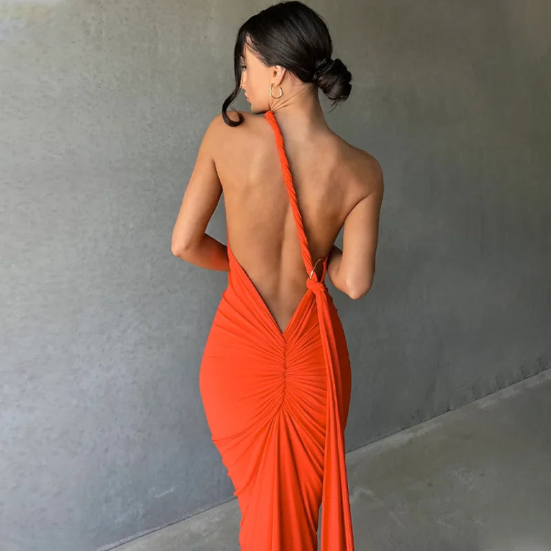Vestido Longo de Cocktail Elegante Feminino para Festa, Costas Nuas, Abertura Costas, Com Pregas, Justo, Formal para Convidadas de Casamento