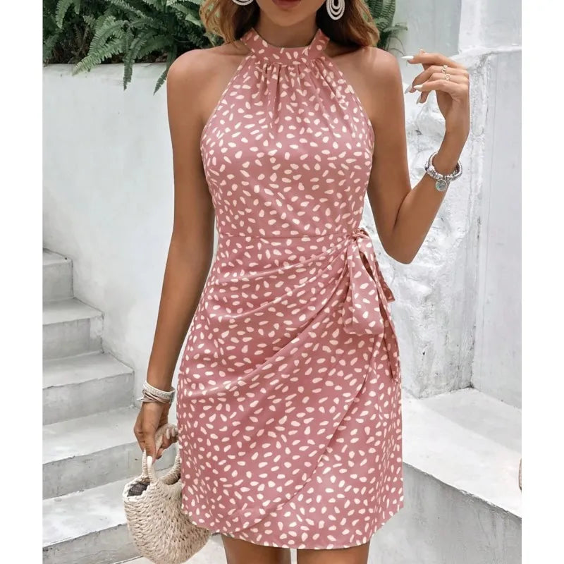 Vestido Curto Floral Plissado Sem Mangas com Zíper e Alças de Ombro - Vestido Mini Sexy com Lace-Up
