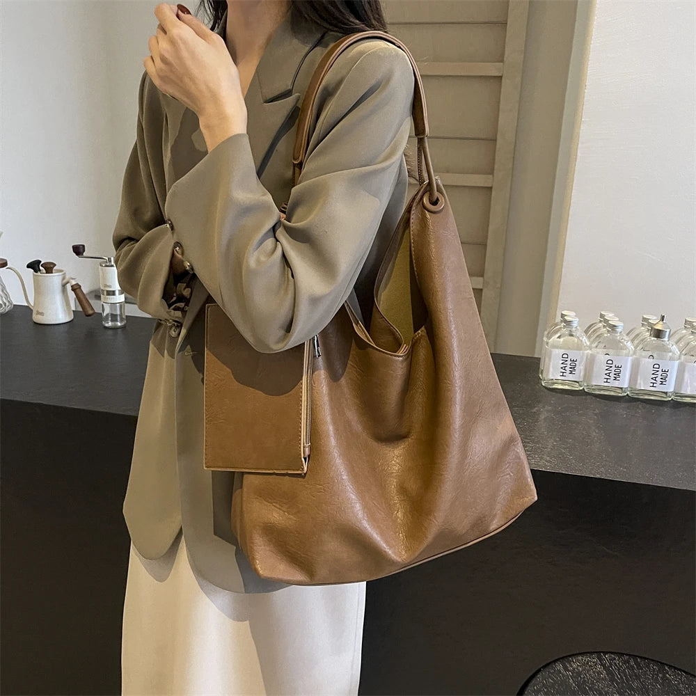 Burgundy 2-IN-1 Shoulder Tote Bags For Women Soft PU Leather Solid Color Large Capacity Shopping Hobo Bag With Coin Purse 2024