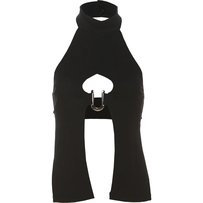 Tops de Anel em Metal em Formato de N com Decote nas Costas, Sem Mangas, Botões Halter Sexy e Charmoso para Mulheres - Roupas Midnight