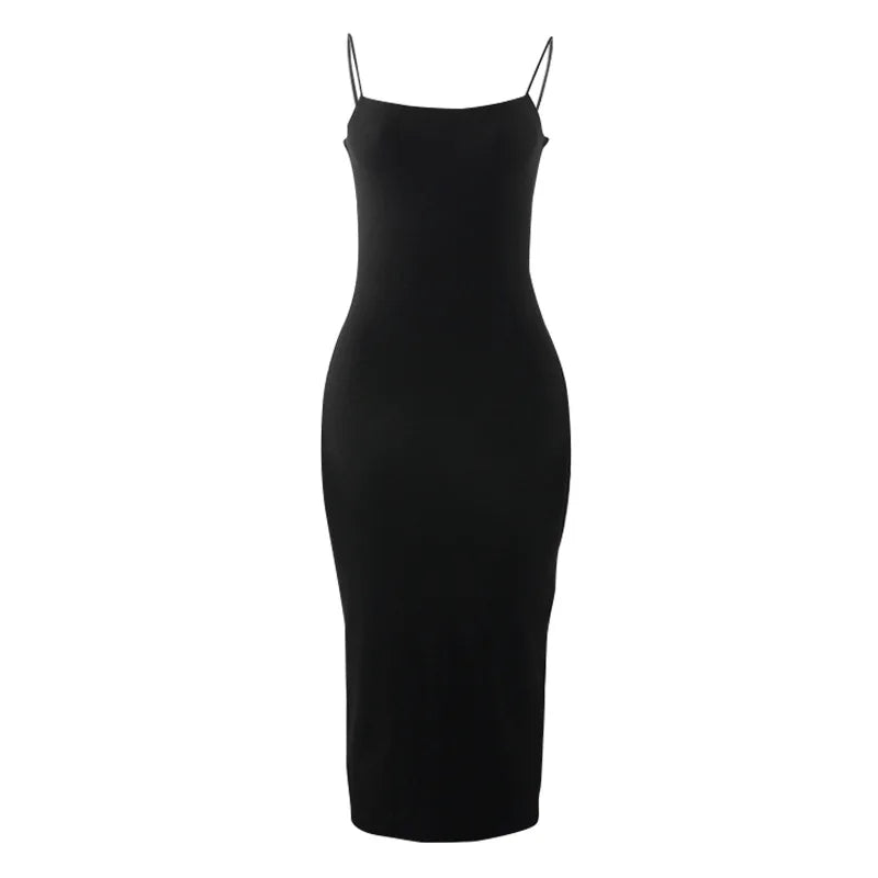 Vestido Preto Sexy de Verão para Mulheres Moda de Rua Sem Mangas Costas Expostas Liso com Alças Finas Justo Casual Roupas de Festa Elegantes