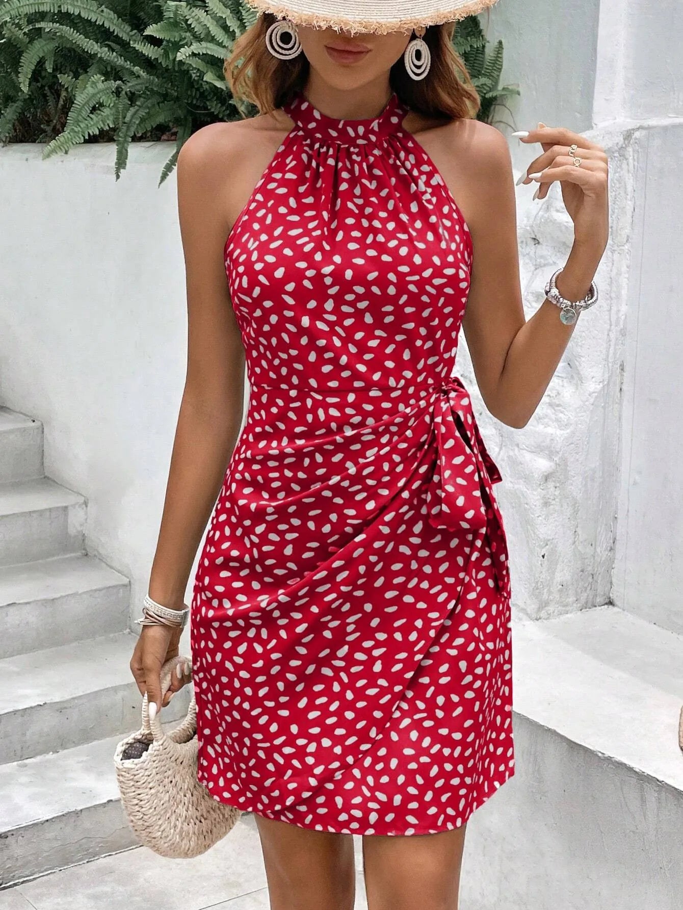 Vestido Curto Floral Plissado Sem Mangas com Zíper e Alças de Ombro - Vestido Mini Sexy com Lace-Up