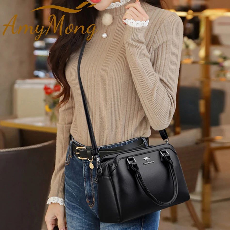 Multi-pocket Handbag Purses Genuine Cowhide Leather Shoulder Bag Luxury Designer Crossbody Messenger Sac Elegant Tote for Women