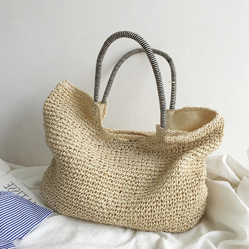 Women Beach Vintage Handmade Woven Shoulder Bag Raffia Rattan Shopping Bags Bohemian Ladies Summer Travel Vacation Casual Totes