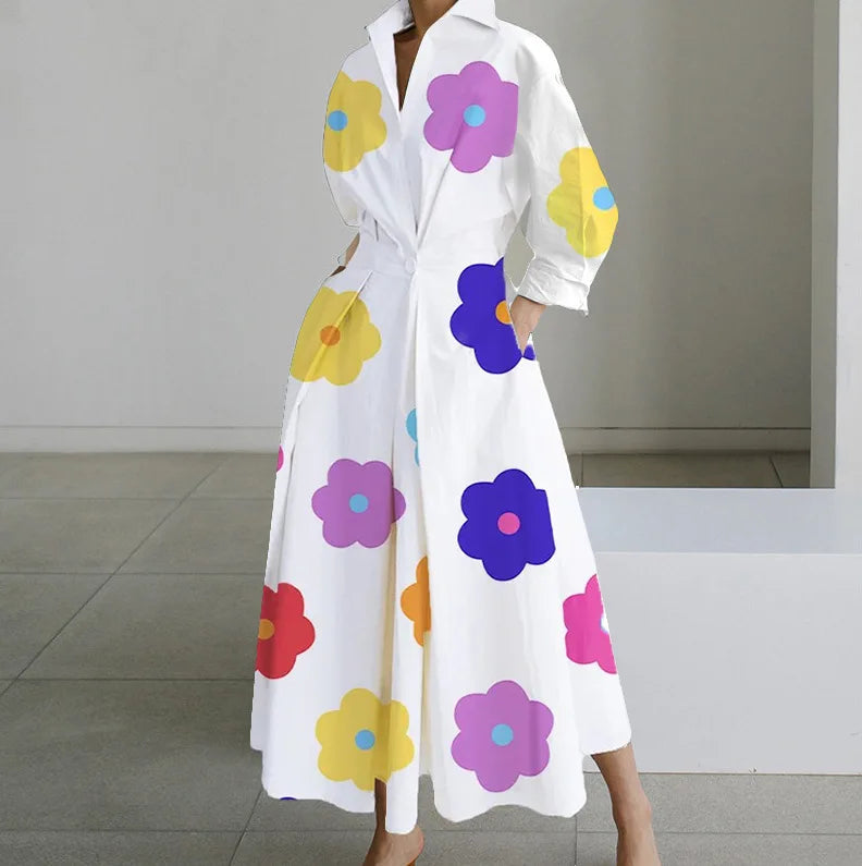 Vestidos Para Mulheres 2024 Vestido Casual Elegante de Verão para Festa, Vestido Camiseta de Bolinha com Decote em V, Estampa Solta com Botões