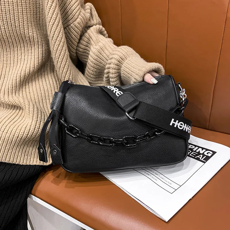 Cowhide Letter printing Handbag Designer Genuine Leather Women Shoulder bag Chains Female Tote Luxury Brand Ladies Messenger Bag