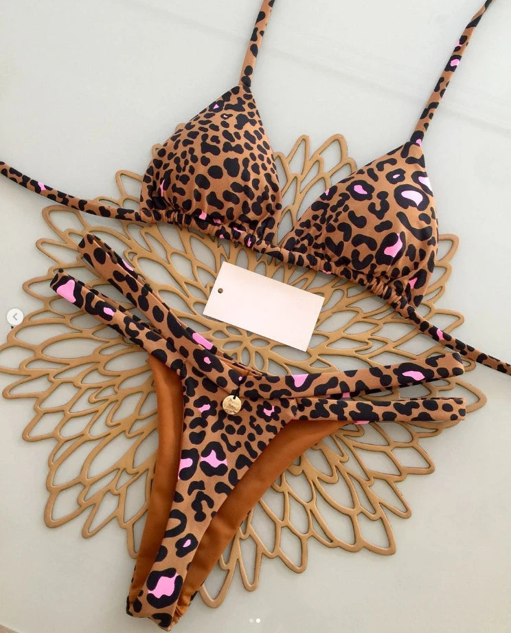 Novo Biquíni Feminino Sunga de Praia Férias Roupa de Banho Conjunto de Biquíni Estampado de Leopardo Roupa de Praia Sunga Biquíni