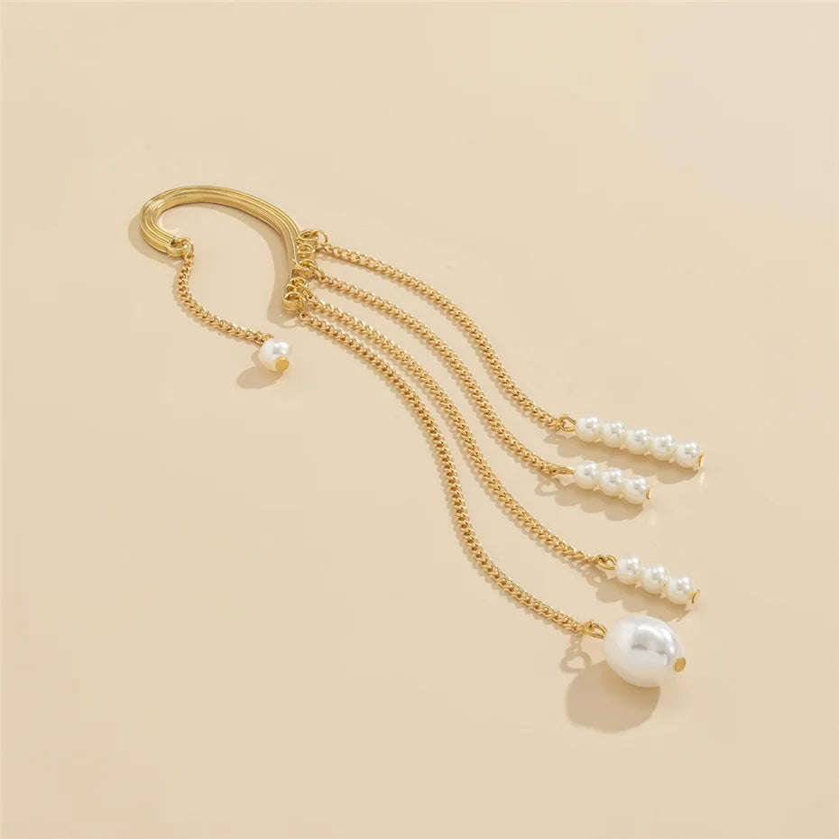 Brinco de Clip Geométrico com Pérolas Imitadas Ingemark Long Tassel Sem Perfurar Para Orelha Cuff Cartilagem Elegante Feminino Joia