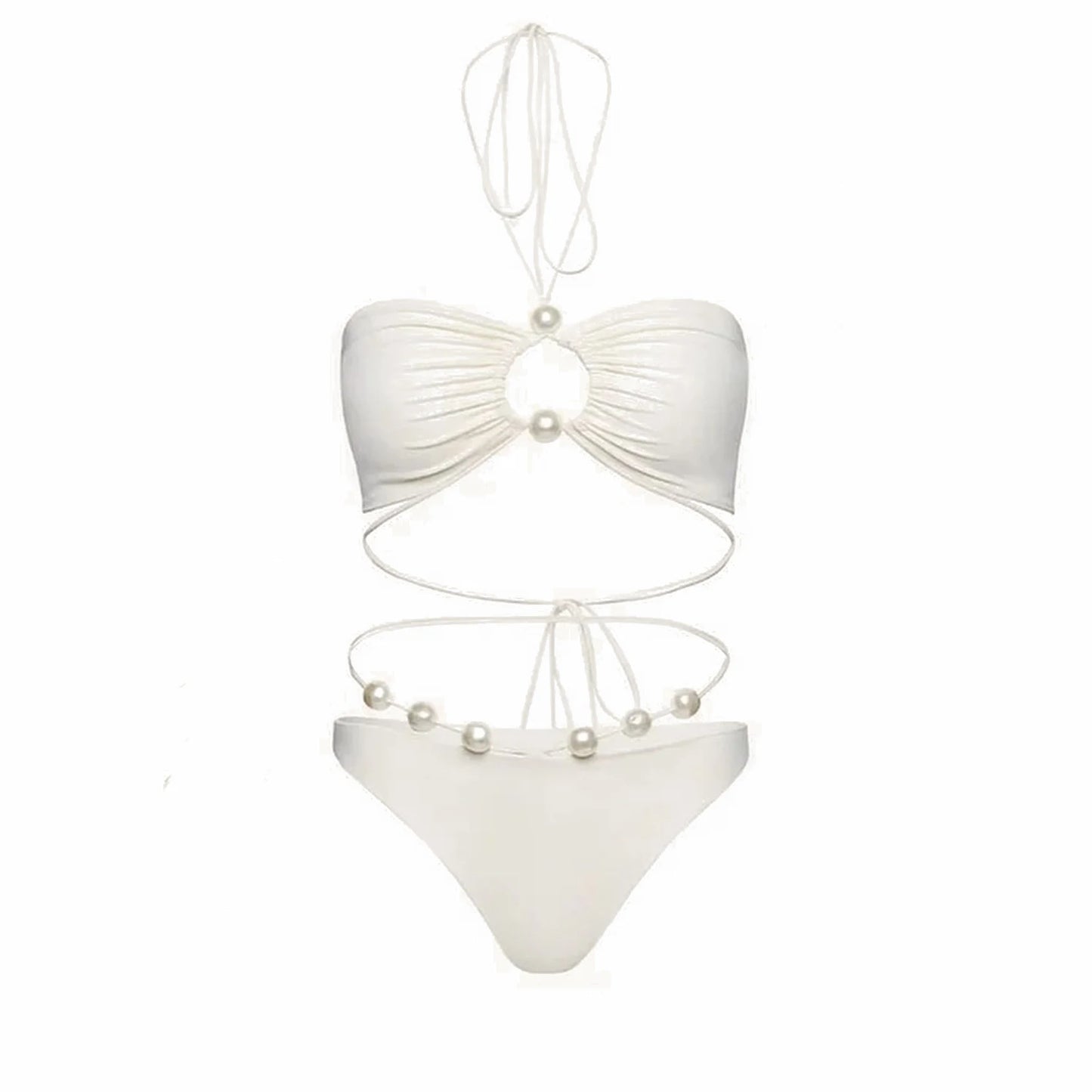 Conjunto de Biquíni Sexy com 3 Peças e Capa, Biquíni Branco com Pérolas, Maiô Feminino Halter, Roupa de Banho com Ombros Descidos, Biquíni para Praia