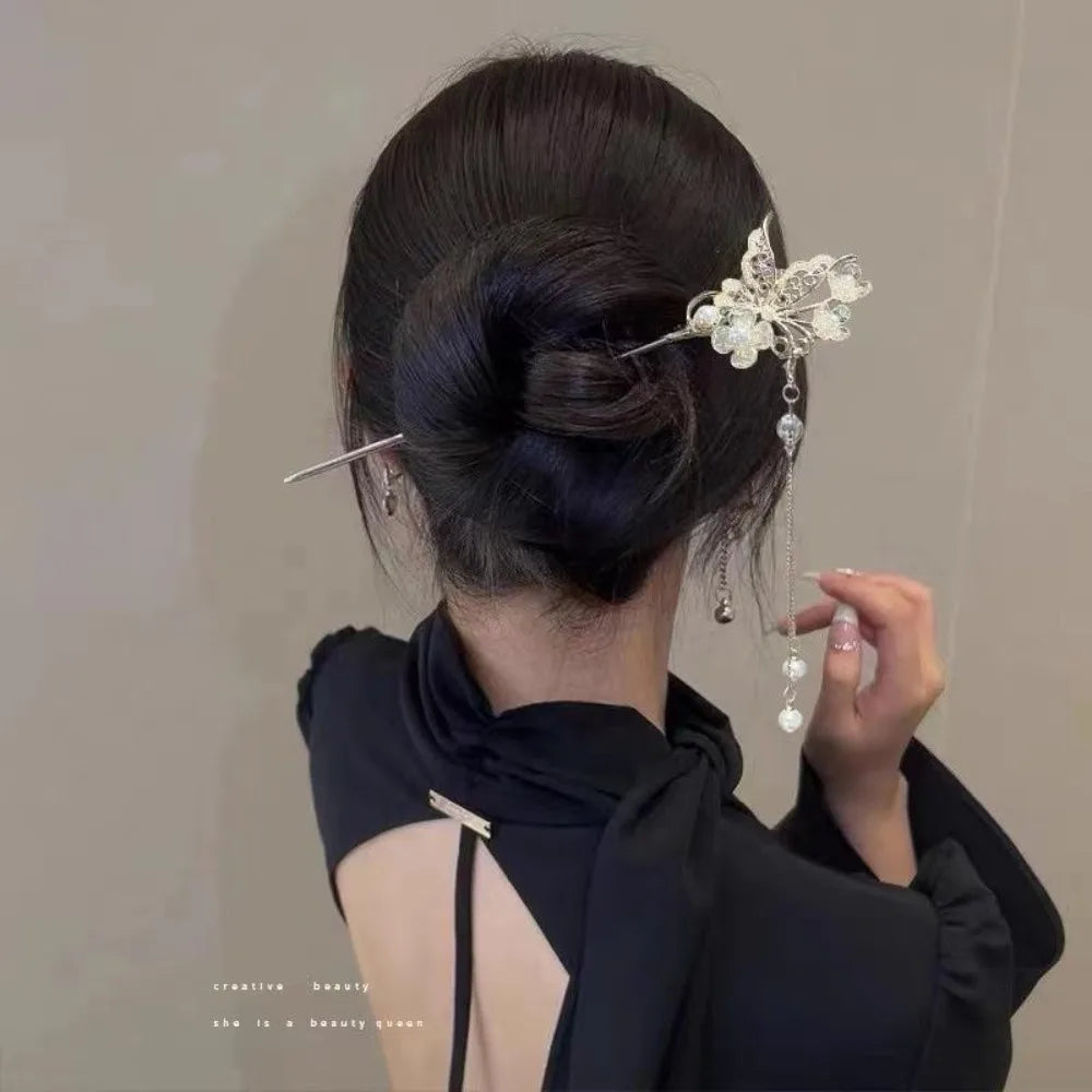 Pinhão de cabelo estilo chinês com hastes de metal, estilo antigo, com franja de orquídea, flor, tassel e acessórios para cabelo feminino.