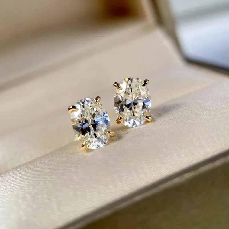 Brincos de Moissanite em Corte Oval com Estilo S925 Prata Banho de Ouro 18K para Mulheres, Brincos Solitário, Presente de Casamento, Joia com Certificado