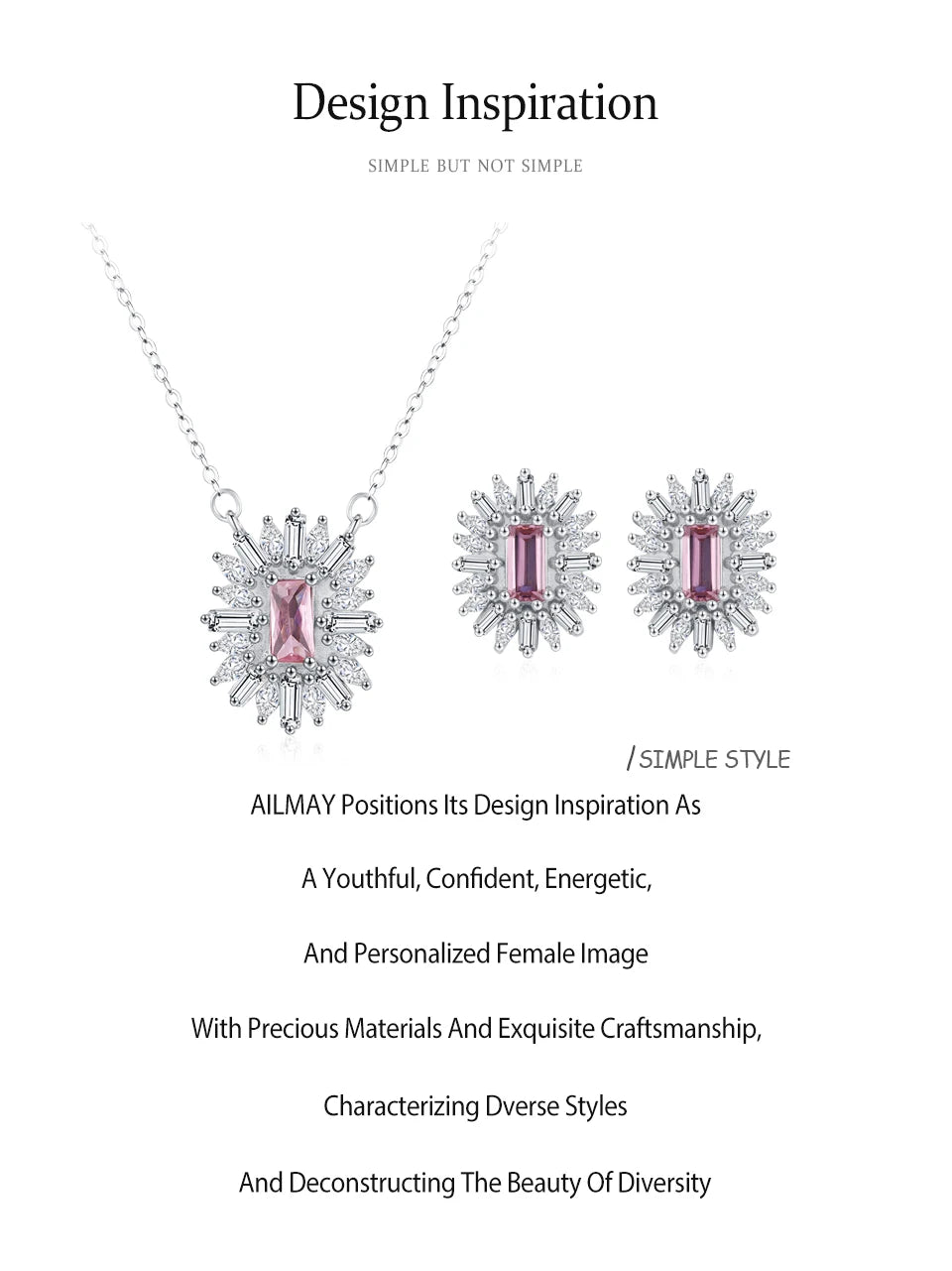 Conjunto de Jóias Românticas para Casamento Ailmay Luxuoso Colar e Brincos de Prata Esterlina 925 com Girassol Rosa Retangular para Mulheres