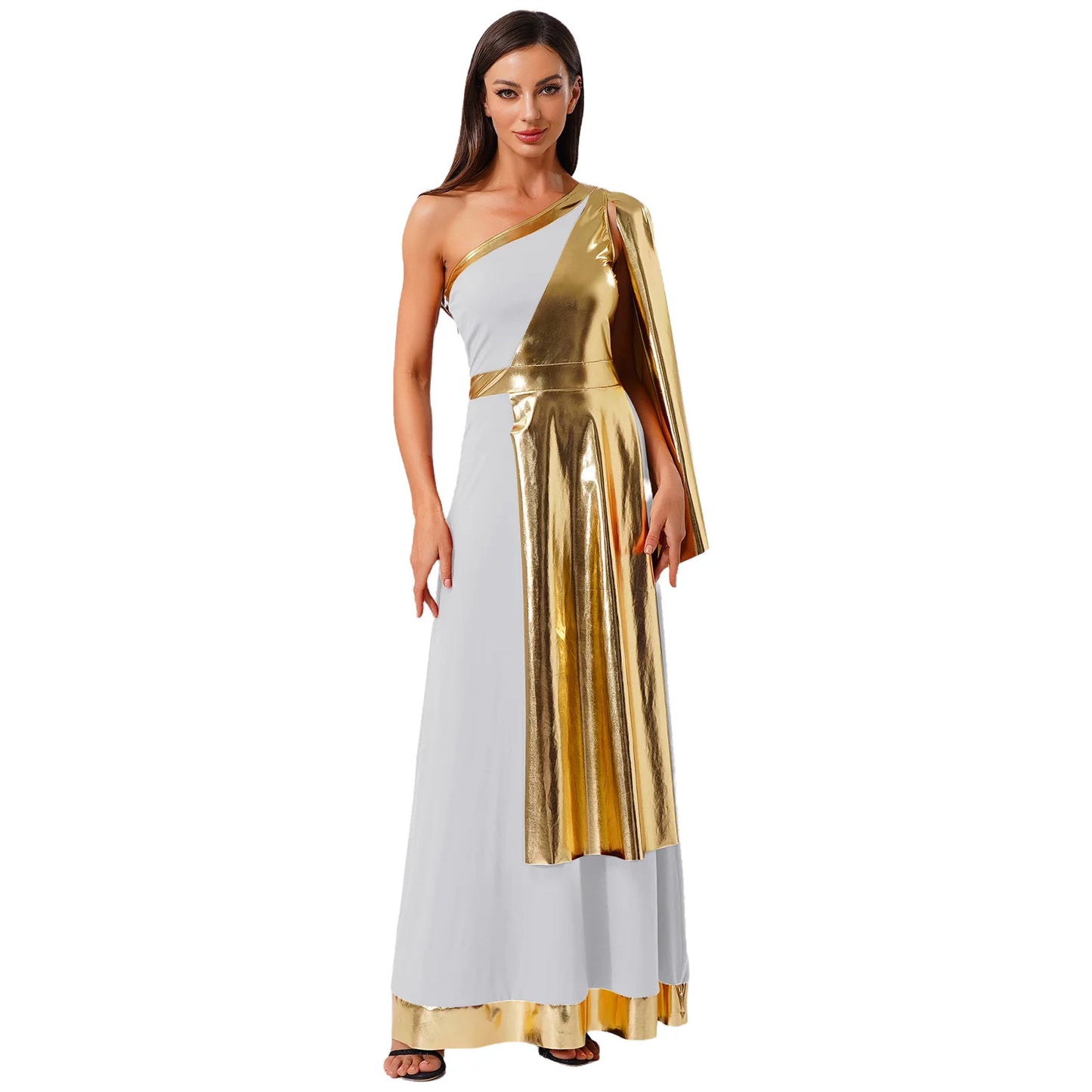 Vestido de Dança Lirica Cristã Feminina Fantasia de Halloween Vestido de Beleza Antiga Grega Romana Cosplay Túnica Tecido Metálico Brilhante Camada Toga