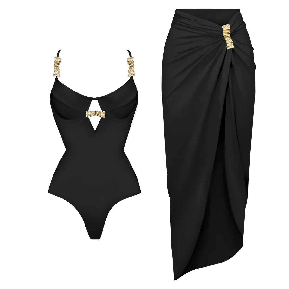 Biquíni Push Up 3 peças com Cobertura - Moda Praia Feminina, Roupa de Banho Sexy com Botão Brilhante, Maiô Biquíni