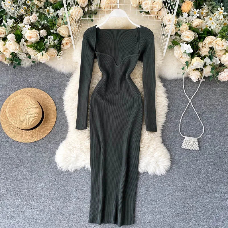 Vestidos para mulheres 2026 vestido justo sem alças em tricô canelado sexy, vestido de suéter midi de manga longa para o inverno