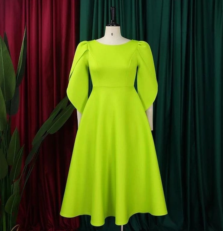 Vestido Feminino Elegante para Festa Vestidos de Verão em Cor Sólida Vestido de Noite com Decote Redondo Slim Vestido Feminino de Larga Amplitude com Comprimento Médio