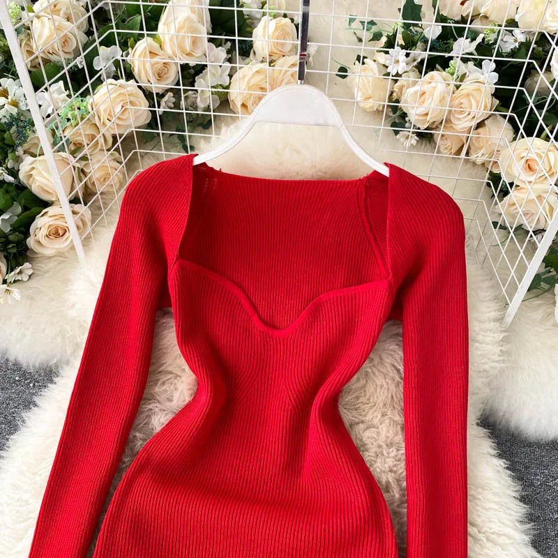 Vestidos para mulheres 2026 vestido justo sem alças em tricô canelado sexy, vestido de suéter midi de manga longa para o inverno