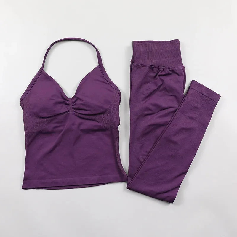 Conjunto de Leggings Impact para Mulheres Conjunto de Yoga Sem Costura Roupa de Fitness Legging com Bumbum Definido Top de Tanque Almofadado Conjuntos de Treino Roupas Esportivas