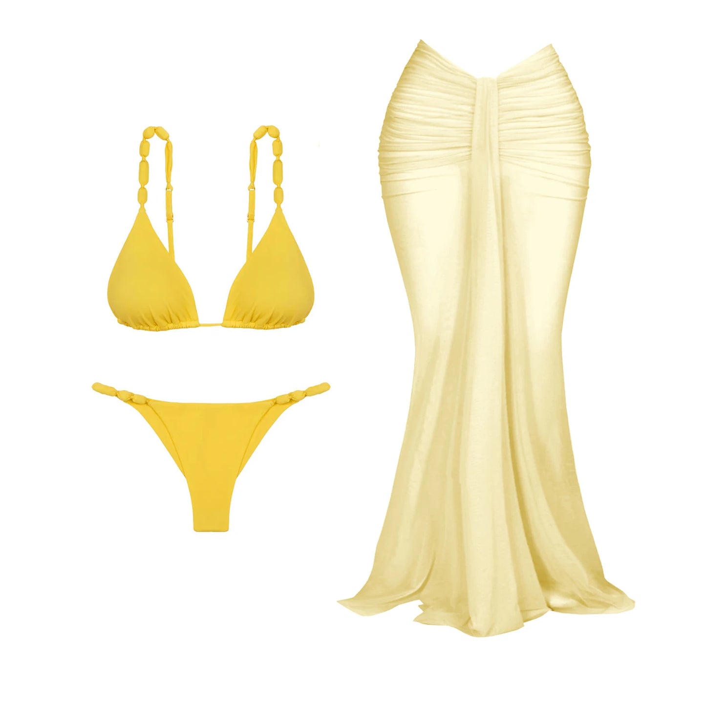Conjunto de 3 peças de maiô push up com saia longa, sexy, moda feminina, biquíni com decote em V, macacão brilhante, roupa de banho e cobertor de praia.