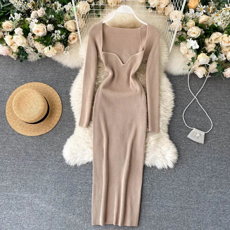 Vestidos para mulheres 2026 vestido justo sem alças em tricô canelado sexy, vestido de suéter midi de manga longa para o inverno
