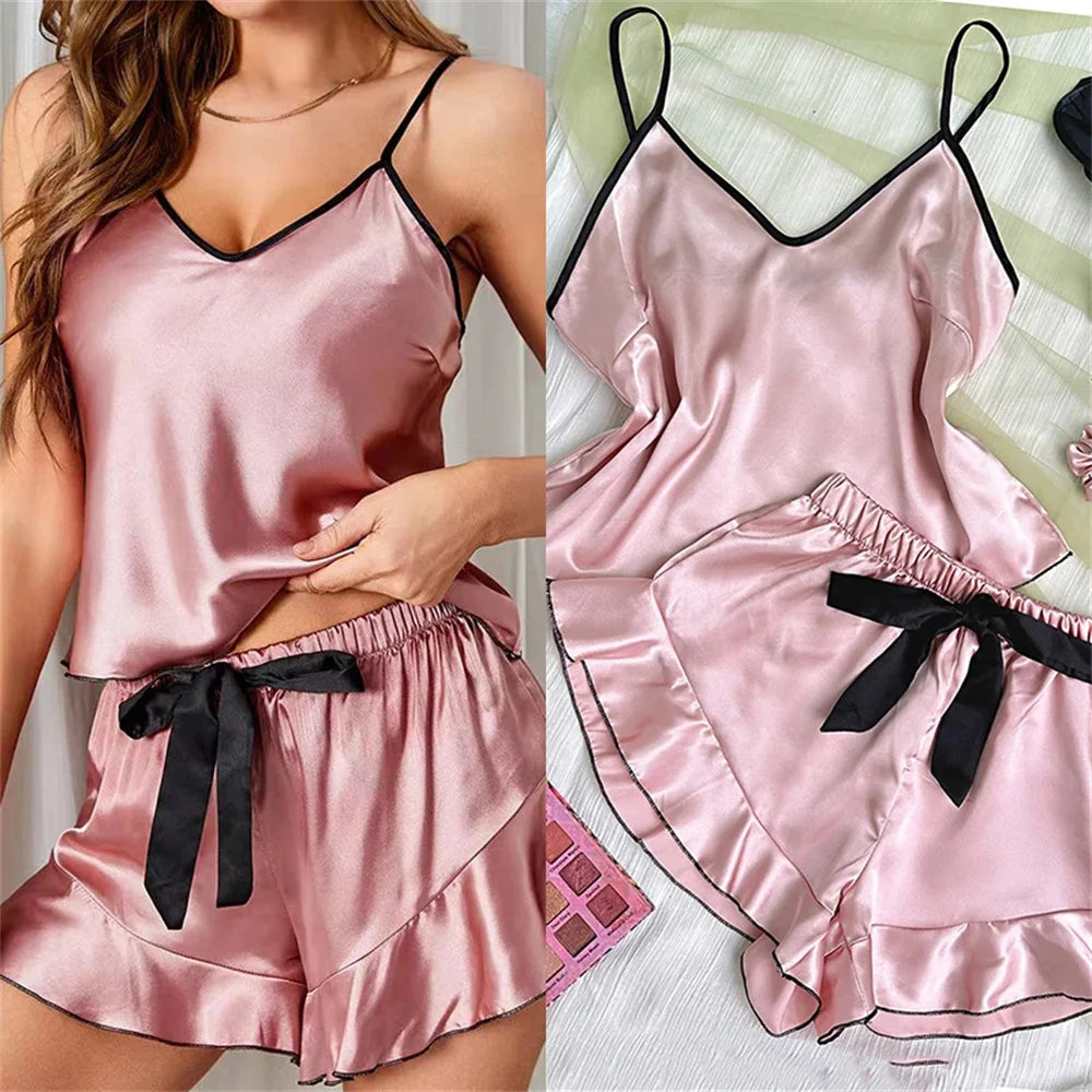 Pijamas femininos de satin lisos com camiseta em V, bordas com babados e shorts com laço. Conjunto de pijamas simples e respirável para casa.