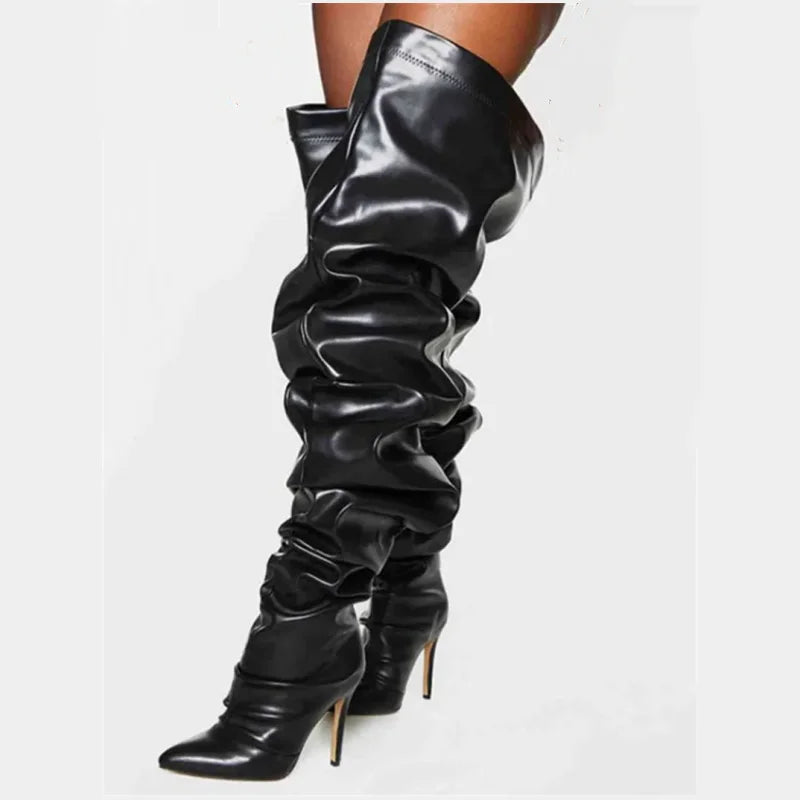 Botas femininas largas para panturrilha, slouchy, de camurça, com bico fino e salto alto, negras, acima do joelho, botas de inverno longas para cavaleiras.