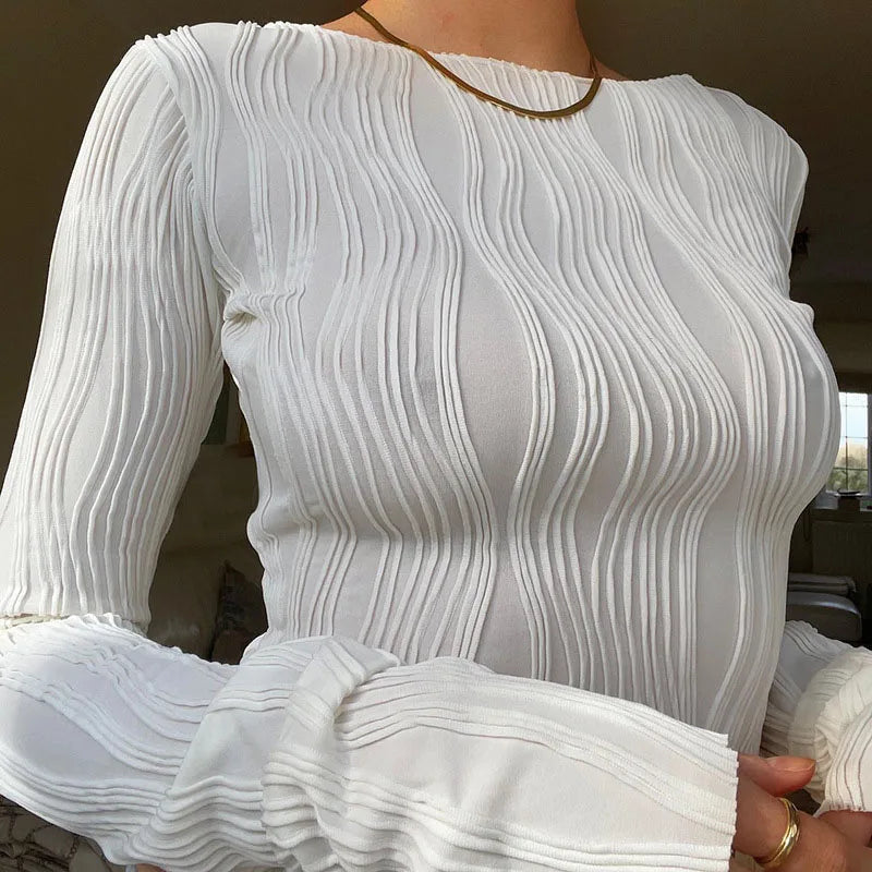 Blusa Casual Feminina em T-shirt de Manga Longa com Ruched, Branca, Justa, Cropped, Camisa de Base 2024 Outono Y2K Roupas