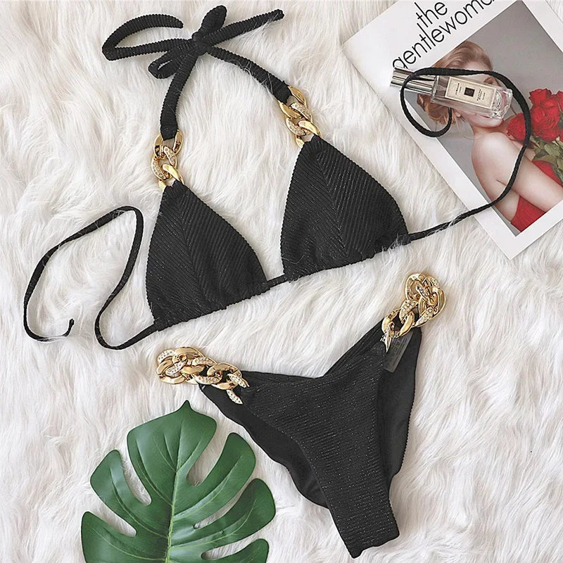 Biquíni de Cadeia de Halter com Diamante de Strass para Mulheres, Roupa de Banho Feminina, Conjunto de Biquíni com Duas Peças, Roupa de Banho Brasileira