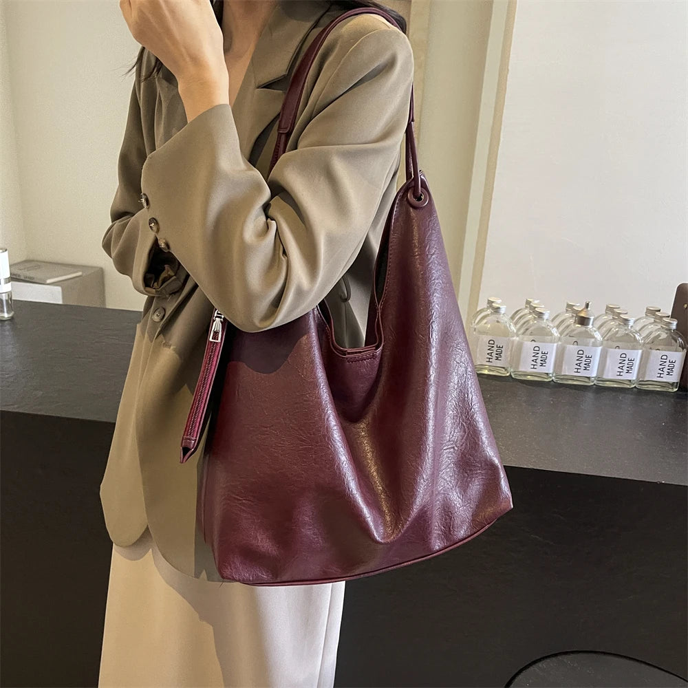 Burgundy 2-IN-1 Shoulder Tote Bags For Women Soft PU Leather Solid Color Large Capacity Shopping Hobo Bag With Coin Purse 2024