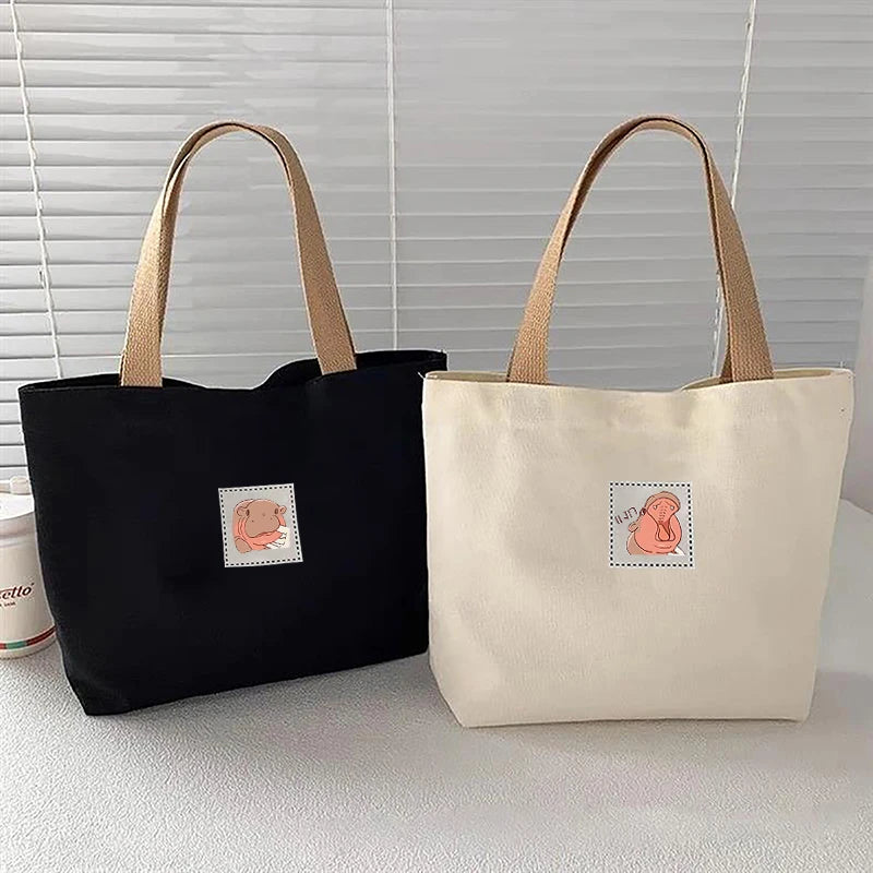 Moo Deng Fashion Canvas Women's Handbag Cute Travel Picnic Food Bag Lunch Bag