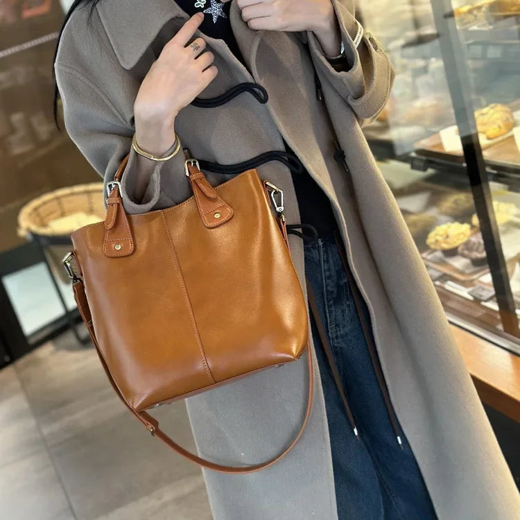 Genuine Leather Women's Tote Bag 2025 New Woman Shoulder Bags Fashion Cowhide Crossbody Bucket Bag Female Handbags 9258