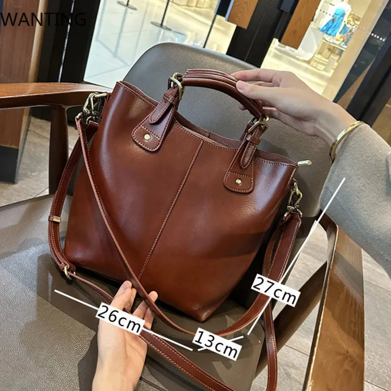 Genuine Leather Women's Tote Bag 2025 New Woman Shoulder Bags Fashion Cowhide Crossbody Bucket Bag Female Handbags 9258