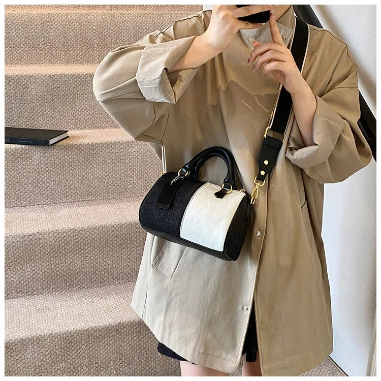 Cross Body Bags Casual Street Small Boston Bag 2025 Designer Purses Patchwork Colorblock Mini Handbags For Women Denim Shoulder