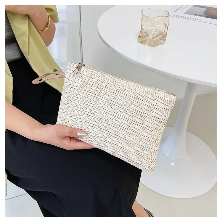 Weaving Bag Fashion Ladies Wristlet Clutch Women Daily Money Phone Clutch Solid Straw Woven Coin Purse Beach Wallet Card Holder
