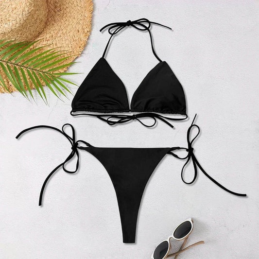 Maiô de praia feminino sólido 2025, em cores lisas, sexy, estilo halter, biquíni três peças, costas nuas, com ajuste e laço.