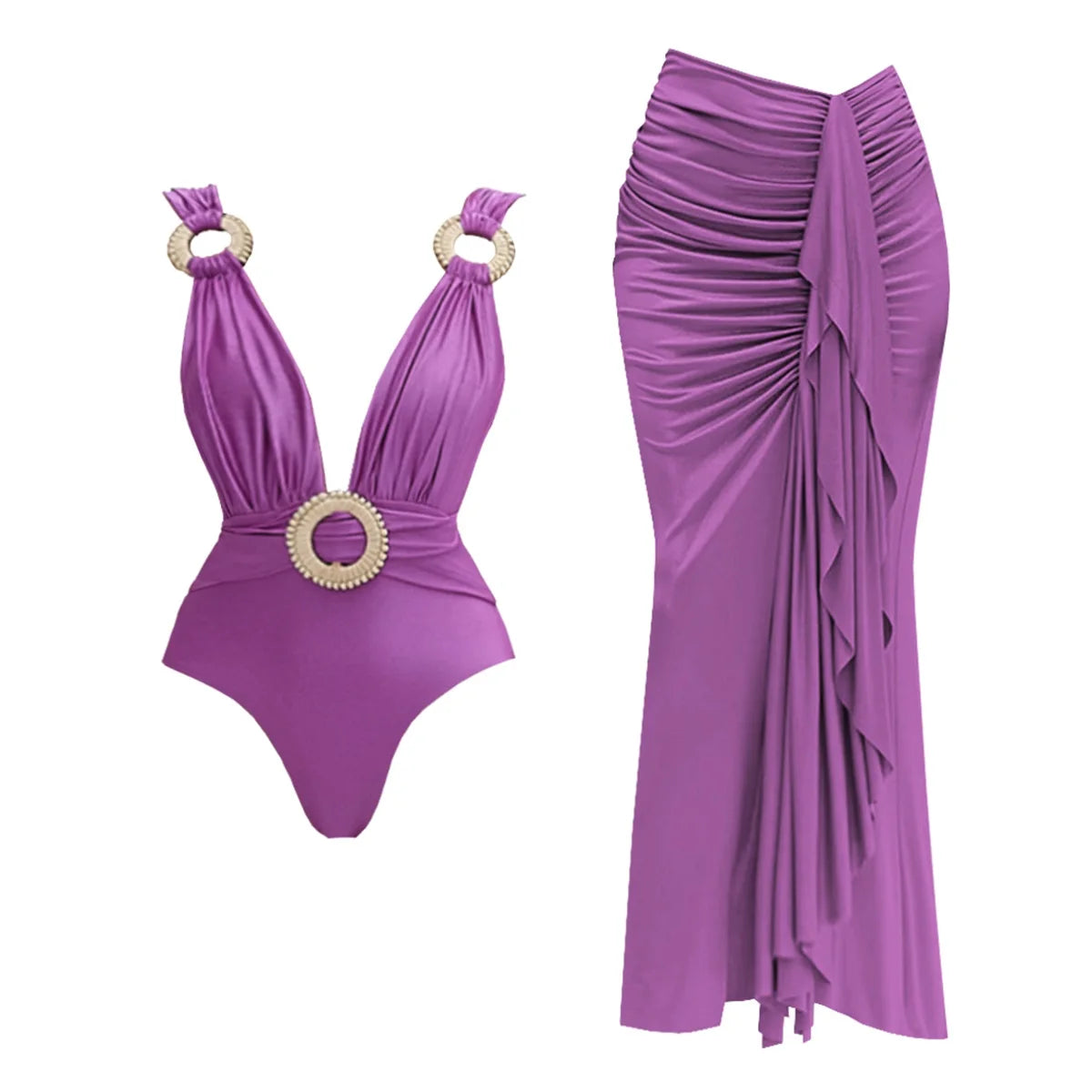 Maiô em 2 peças com decote em V profundo e saia longa, roupas de banho femininas sexy, biquíni brilhante, maiô estampado, moda de praia