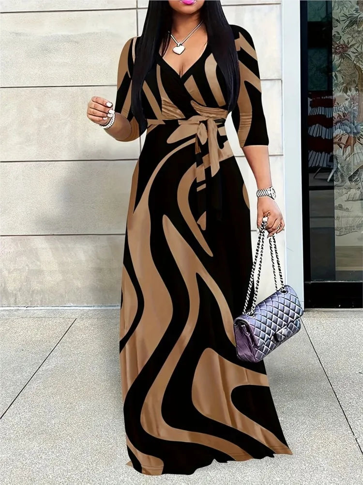 Vestido de Impressão de Moda Feminina para Mulheres, Casual, Sexy, Decote V Profundo, com Amarração, Vestidos Soltos Robe Femme, Roupas de Verão para Mulheres