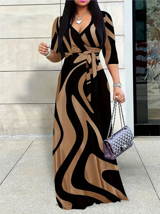 Vestido de Impressão de Moda Feminina para Mulheres, Casual, Sexy, Decote V Profundo, com Amarração, Vestidos Soltos Robe Femme, Roupas de Verão para Mulheres
