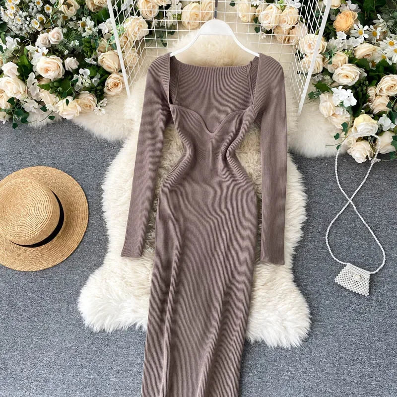 Vestidos para mulheres 2026 vestido justo sem alças em tricô canelado sexy, vestido de suéter midi de manga longa para o inverno