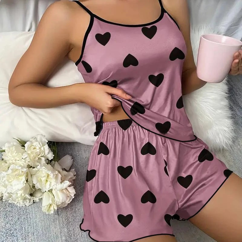 Conjunto de Pijamas Femininos Camisetas Shorts Impressão em Forma de Coração T-Shirt de Decote Redondo Top de Seda Gelada Confortável Casual de Verão