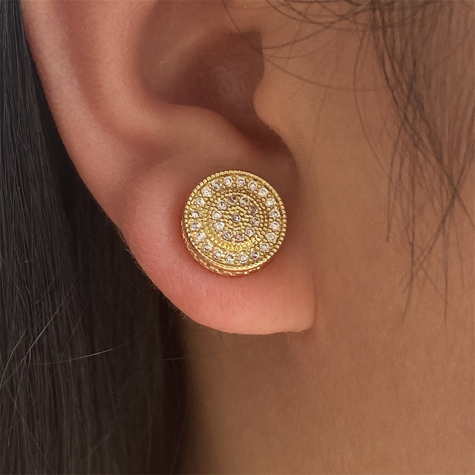 Brincos de Stud Zirconia Micro em Inlay Redondo ZAKOL Exquisito para Mulheres, Joias de Festa de Casamento com Geometria Completa de CZ