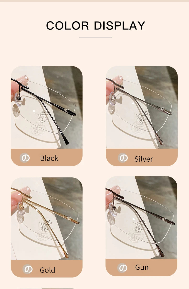 Óculos de leitura sem aro para homens, azul, com proteção contra luz azul, armação de metal, óculos de computador, lentes ópticas CR39 com receita.