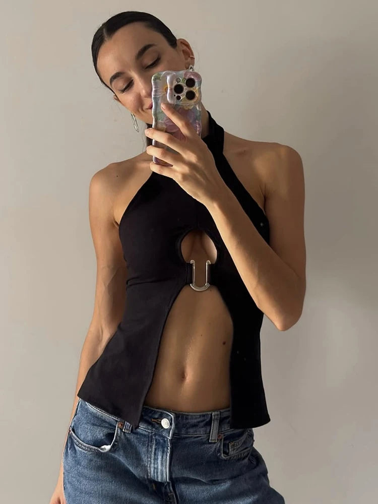 Tops de Anel em Metal em Formato de N com Decote nas Costas, Sem Mangas, Botões Halter Sexy e Charmoso para Mulheres - Roupas Midnight
