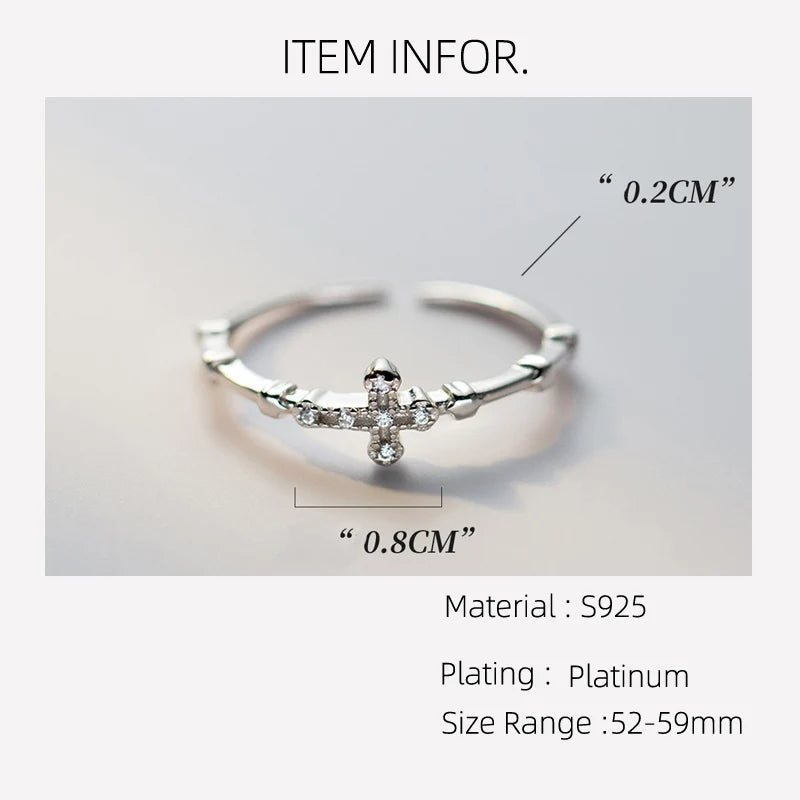 Anel Prata 925 52-59mm Anéis Coreanos para Mulheres Joias de Prata Esterlina 925 Anéis Religiosos de Zircônia Cruz Ajustáveis para Meninas