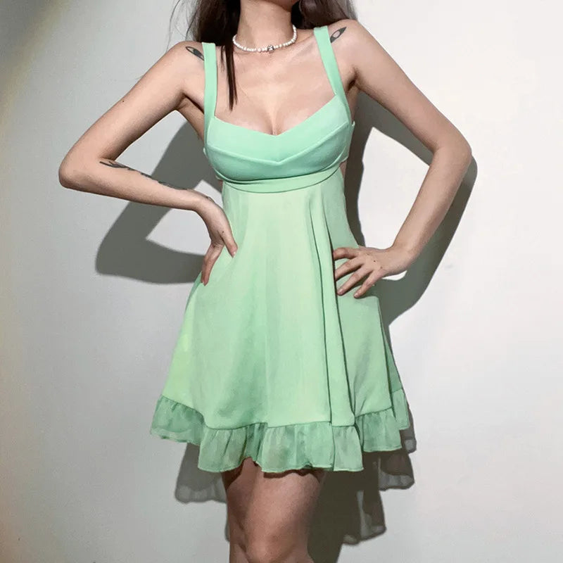 Vestidos Elegantes Para Mulher em Cor Sólida, Vestido Cortado Slim com Alças, Vestido Sexy Costas Nua com Babados para Feminino