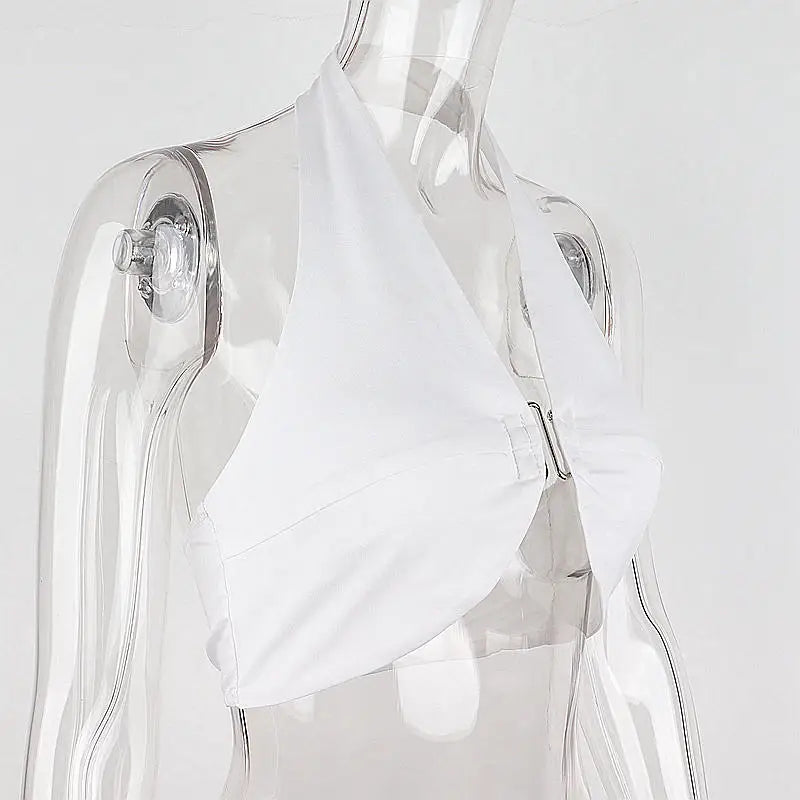 Top Crop Sem Mangas Off Shoulder Halter Sexy Mery Elegante Sem Alças Costas Expostas Slim Skinny Verão para Festas de Rua Feminino