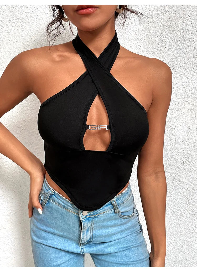 Top Crop Halter Sem Mangas em Bandagem Cruzada Sexy com Ombros à Mostra para Mulheres