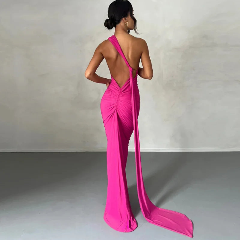 Vestido Longo de Cocktail Elegante Feminino para Festa, Costas Nuas, Abertura Costas, Com Pregas, Justo, Formal para Convidadas de Casamento