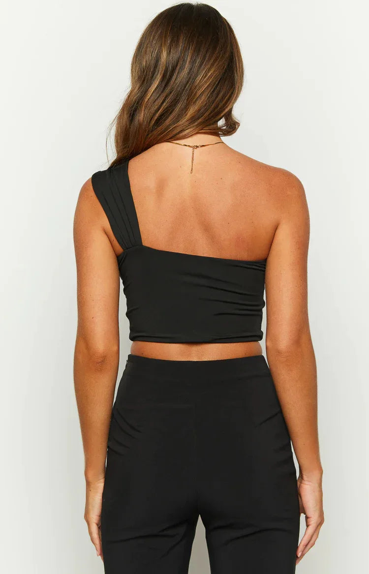 Cropped Top Casual Feminino em Bandagem com Um Ombro Só, Decote Frontal, Cruzado, Sem Mangas, Costas Descobertas para Festas